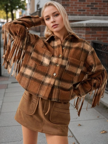 Women French Vintage Plaid Jacket With Fringe Sleeve Detail Wool Blend Lapel Long Sleeve Button Up Outwear Shacket