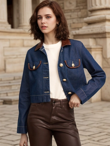 Damen Elegant Denim Jacke Kunstleder Kragen Patchwork Knopfleiste Kurzjacke Retro Langarm Casual Damen Outerwear Mantel
