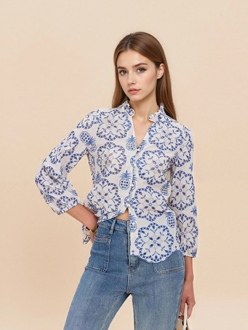 Women's Elegant Blue White Floral Pineapple Print Blouse Ruffle Stand Collar Button Casual Long Sleeve Shirt Top