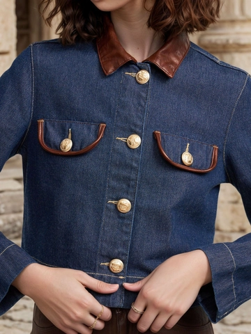 Damen Elegant Denim Jacke Kunstleder Kragen Patchwork Knopfleiste Kurzjacke Retro Langarm Casual Damen Outerwear Mantel
