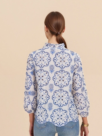 Women's Elegant Blue White Floral Pineapple Print Blouse Ruffle Stand Collar Button Casual Long Sleeve Shirt Top