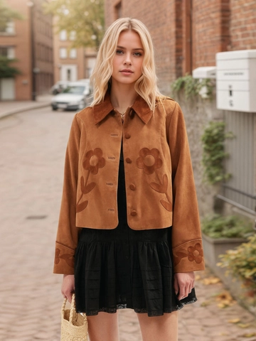 Vintage Damen Kurzjacke Aus Wildlederimitat Mit Blumenstickerei Revers Langarm Einreihig Lässiger Bohemischer Mantel