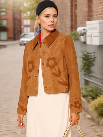 Vintage Damen Kurzjacke Aus Wildlederimitat Mit Blumenstickerei Revers Langarm Einreihig Lässiger Bohemischer Mantel
