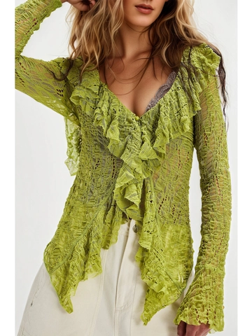 Cardigan in Pizzo da Donna con Scollo a V e Volant Manica Lunga Blusa in Mesh Traforata Elegante Vintage Sheer Top Romantico per Festa