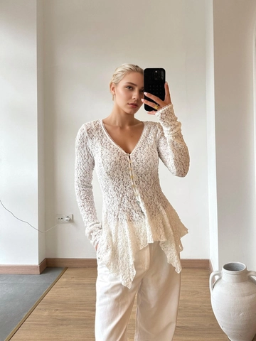 Damen Elegant V-Ausschnitt Spitze Bluse Langarm Einreihig Unregelmäßig Schößchen Saum Sexy Durchbrochen Häkeln Weiß Top Hemd