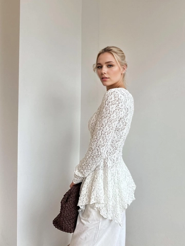 Damen Elegant V-Ausschnitt Spitze Bluse Langarm Einreihig Unregelmäßig Schößchen Saum Sexy Durchbrochen Häkeln Weiß Top Hemd