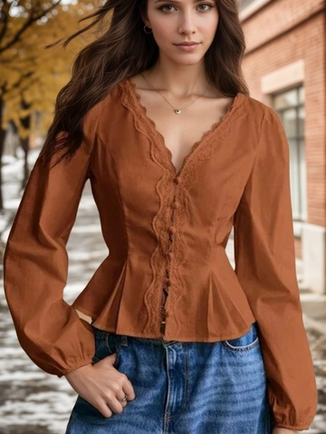 Französischer Stil V-Ausschnitt Spitze Langarm Bluse Damen Herbst Plissiert Taille Binden Peplum Top Elegant Hemd