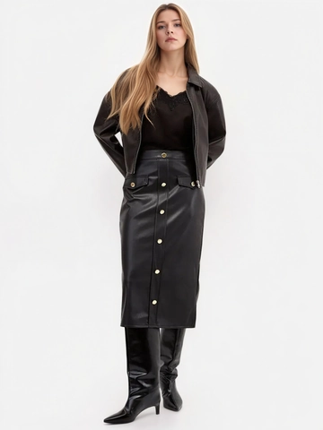 Women High Waist PU Faux Leather Midi Skirt Straight Pencil Skirt With Gold Buttons Pockets Slit Elegant Streetwear Top