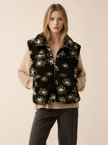 Women's Vintage Floral Print Faux Lamb Wool Vest Sleeveless Stand Collar Zip Up Warm Sherpa Fleece Waistcoat Winter Fashion Outerwear