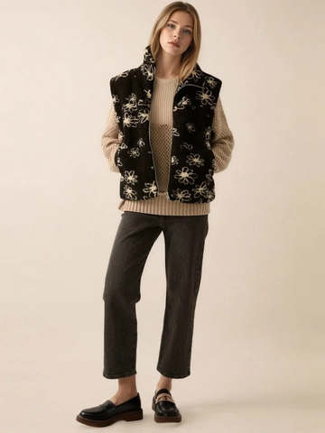 Women's Vintage Floral Print Faux Lamb Wool Vest Sleeveless Stand Collar Zip Up Warm Sherpa Fleece Waistcoat Winter Fashion Outerwear