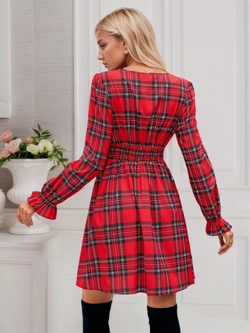 Vestito da Donna Scozzese con Scollo a V per Natale Manica a Lanterna Decorazione a Fiocco Linea A Orlo con Volant Elegante Mini Abito da Festa