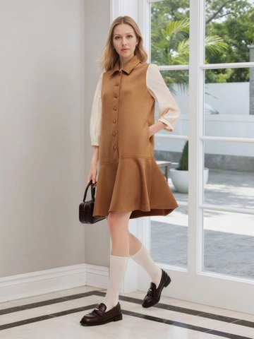 Damen Elegant Patchwork Minikleid Wildleder Chiffon Lampionärmel Knöpfe Rüschensaum Vintage Pendeln Slim Fit Kleid