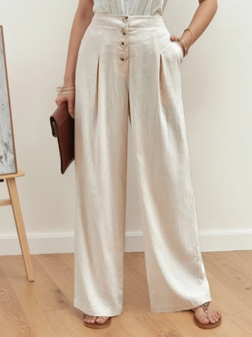 Pantalones de Pata Ancha de Cintura Alta para Mujer Casual Elegante Albaricoque Pantalón Largo Con Botones Decorativos Mezcla Viscosa