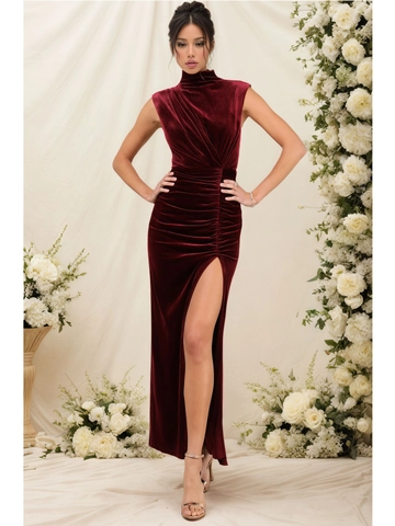 Élégante Robe Maxi en Velours Rouge Vin Sans Manches pour Femmes Froncée Coupe Slim Robe de Soirée avec Fente Haute Col Montant
