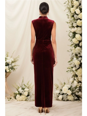 Élégante Robe Maxi en Velours Rouge Vin Sans Manches pour Femmes Froncée Coupe Slim Robe de Soirée avec Fente Haute Col Montant