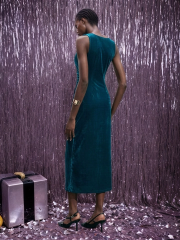 Robe de Soirée Élégante en Velours Sans Manches pour Femmes Col Bénitier Plissé Fente Latérale Coupe Ajustée Robe Maxi pour Banquet Fête