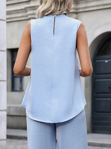 Haut Sans Manches en Satin Élégant pour Femmes Col Rond Couleur Unie Texture Plissée Été Décontracté Blouse Bleu Ciel