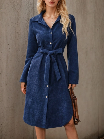 Abito a Camicia da Donna Elegante in Velluto a Coste a Maniche Lunghe Con Cintura Monopetto Orlo Irregolare Tinta Unita Autunno Inverno