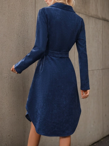 Abito a Camicia da Donna Elegante in Velluto a Coste a Maniche Lunghe Con Cintura Monopetto Orlo Irregolare Tinta Unita Autunno Inverno
