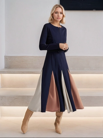 Κομψό Patchwork Maxi Φόρεμα σε Γραμμή Α για Γυναίκες Μακρυμάνικο Χρωματικό Μπλοκ Πλισέ Ψηλόμεσο Πλεκτό Φόρεμα Με Ζώνη