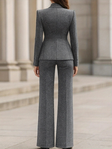 Women Elegant Gray Plaid Blazer And Flare Pants Two Piece Set Slim Fit Double Breasted Office Professional Suit For Autumn Winter