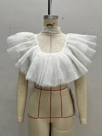 Donna Sexy Pizzo Mesh Volant Collo a Lupetto Trasparente Top a Strati Corto Senza Maniche Elegante Festa Bianco Maglietta