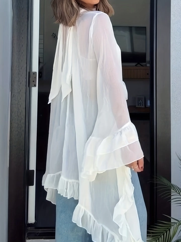 Cuello Halter Transparente Volante Manga Larga Blusa Elegante Cape Top para Mujer Color Sólido Blanco Poliéster Verano