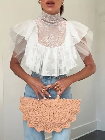 Donna Sexy Pizzo Mesh Volant Collo a Lupetto Trasparente Top a Strati Corto Senza Maniche Elegante Festa Bianco Maglietta