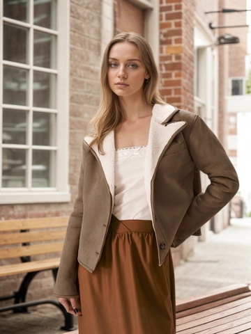 Giacca da Donna in Scamosciato Sintetico con Interno in Montone Sintetico Cappotto Vintage con Collo a Rever in Pelliccia
