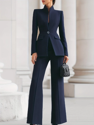 Completo Donna Business Professionale Blu Navy Collo Rialzato Blazer Monopetto E Pantaloni A Zampa Top E Bottom