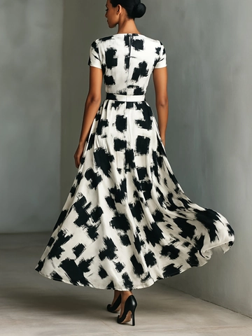 Women's Modern Art Abstract Ink Print Maxi Dress Short Sleeve Round Neck High Waist Large Swing Elegant Commuter Dress