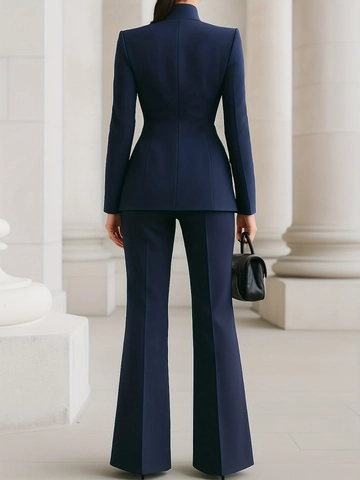 Completo Donna Business Professionale Blu Navy Collo Rialzato Blazer Monopetto E Pantaloni A Zampa Top E Bottom
