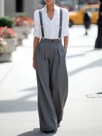 Women High Waist Wide Leg Suspender Pants Office Lady Casual Detachable Straps Solid Color Business Trousers Overalls
