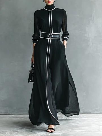 Vestido Maxi Elegante Estilo Francés para Mujer Gasa Contraste Cuello Alto Manga Larga con Ribete de Contraste y Cinturón