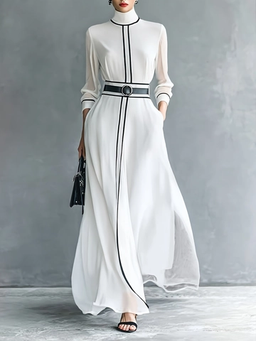 Vestido Maxi Elegante Estilo Francés para Mujer Gasa Contraste Cuello Alto Manga Larga con Ribete de Contraste y Cinturón