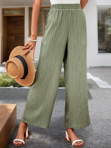 Pantalon Large Décontracté à Taille Haute pour Femmes en Poliester Plissé Couleur Unie Taille Élastique Pantalon Long