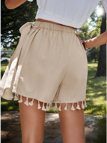 Gonna Pantalone Bohemian da Donna Con Frange Portafoglio Vita Alta Legaccio Laterale Tinta Unita Pantaloncini Mare Viscosa