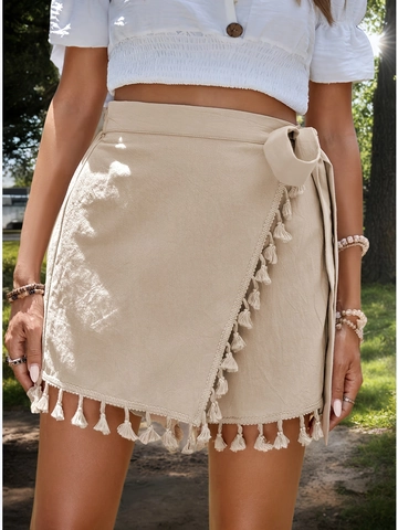 Gonna Pantalone Bohemian da Donna Con Frange Portafoglio Vita Alta Legaccio Laterale Tinta Unita Pantaloncini Mare Viscosa