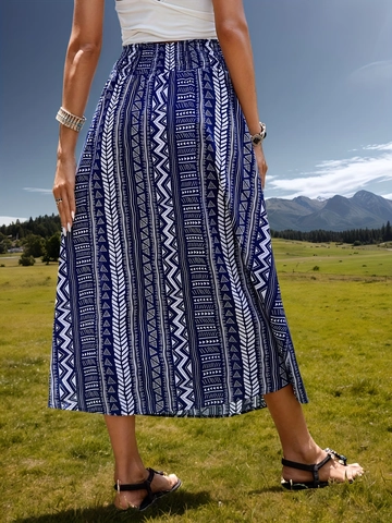 Gonna Midi Bohemienne Blu Marino Stampa Geometrica Donna Vita Alta Con Nappina Bianca Gonna a Linea A Estiva da Vacanza
