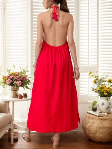 Damen Elegantes Neckholder Rückenfreies Maxikleid Satin Textur Einfarbig Seitenschlitz Sommer Urlaub Party Ärmelloses Kleid