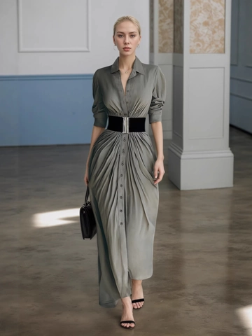 Vestido Camisero De Manga Larga Para Mujer Con Cinturón Gris Talle Alto Plisado Color Sólido Vestido Largo Elegante Estilo Francés
