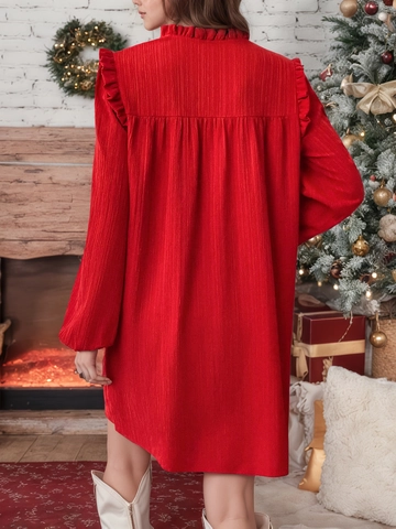 Robe Courte Élégante Rouge à Volants Col en V Manches Longues Texturée Manches Lanterne Décontractée Fête de Noël Femme