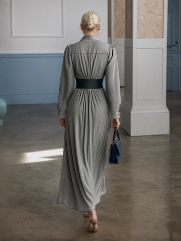 Vestido Camisero De Manga Larga Para Mujer Con Cinturón Gris Talle Alto Plisado Color Sólido Vestido Largo Elegante Estilo Francés