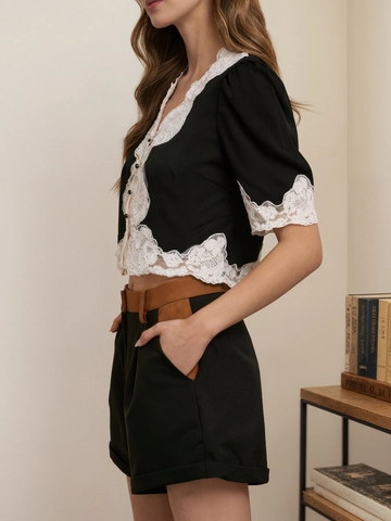 Chemisier Femme Décontracté Patchwork Dentelle Col en V Manches Bouffantes Courtes Boutonné Élégant Vintage Style Français