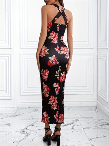Robe Maxi pour Femmes Halter Col Croisé Imprimé Floral Sexy Fente Haute Moulante Sans Manches Élégante Robe Longue de Soirée