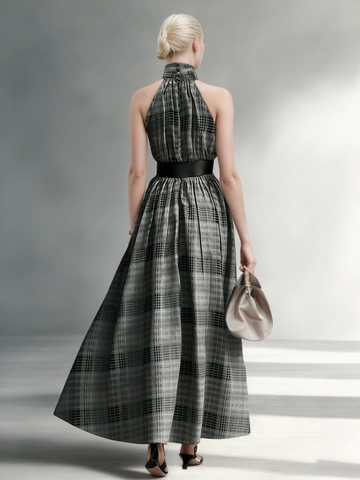 Dames Halternek Geruite Maxi Jurk Mouwloos Hoge Taille Met Riem A-Lijn Lange Jurk Elegant Franse Vintage Zomerfeestjurk