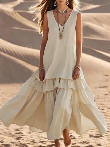 Robe Longue à Étages Sans Manches Col en V Femmes Couleur Unie Crème Ample Fluide Plage Vacances Robe à Volants