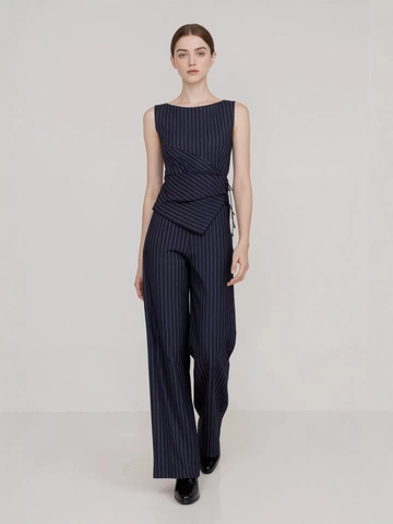 Conjunto de Top Asimétrico Sin Mangas a Rayas Azul Marino y Pantalones de Pierna Recta para Mujer Atuendos Elegantes de Oficina Profesional