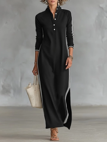 Abito Maxi Donna Casual Sportivo Manica Lunga Collo Polo Strisce Laterali Bianche Bottoni Spacco Nero Misto Viscosa