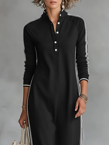 Abito Maxi Donna Casual Sportivo Manica Lunga Collo Polo Strisce Laterali Bianche Bottoni Spacco Nero Misto Viscosa